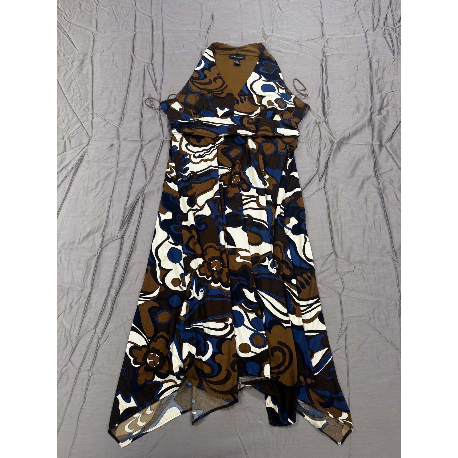 INC International Concepts Brown Blue Floral Halter Handkerchief Maxi Dress L