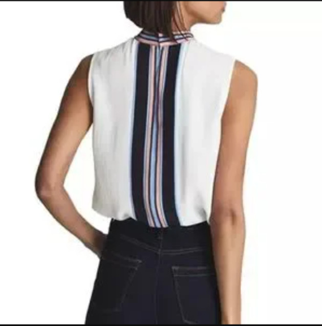 REISS White Blue Black Coral Stripe Pleated High-Neck Sleeveless Tank Top 8 US M