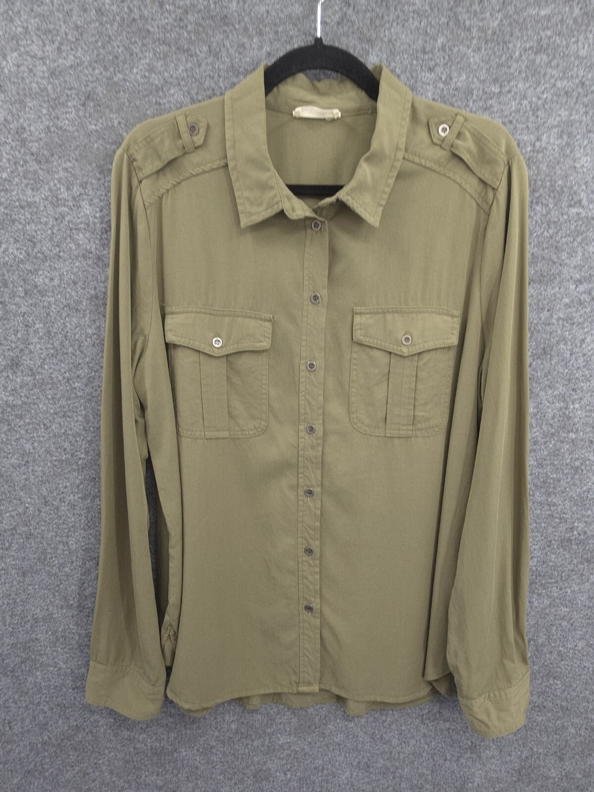 Hummingbird Shirt Womens Button Up Long Sleeve Embroidered Floral Army Green NWT
