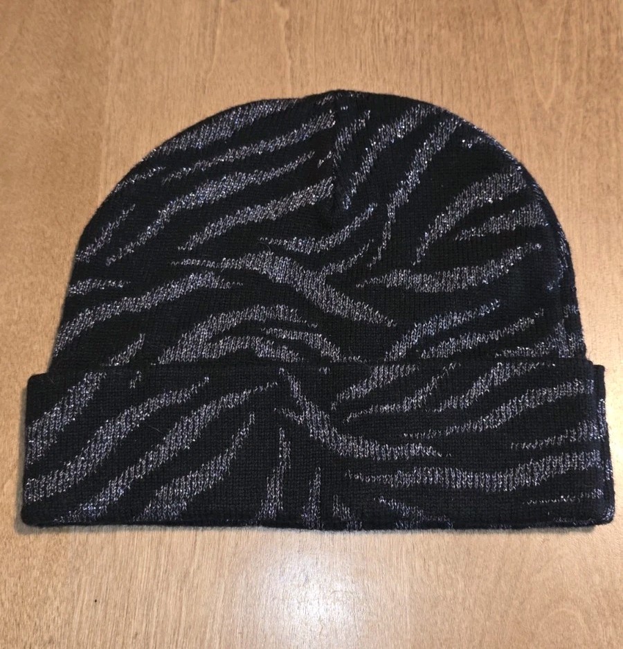 Athleta Extra Fine Merino Wool Blend Black Silver Cuffed Knit Beanie Hat
