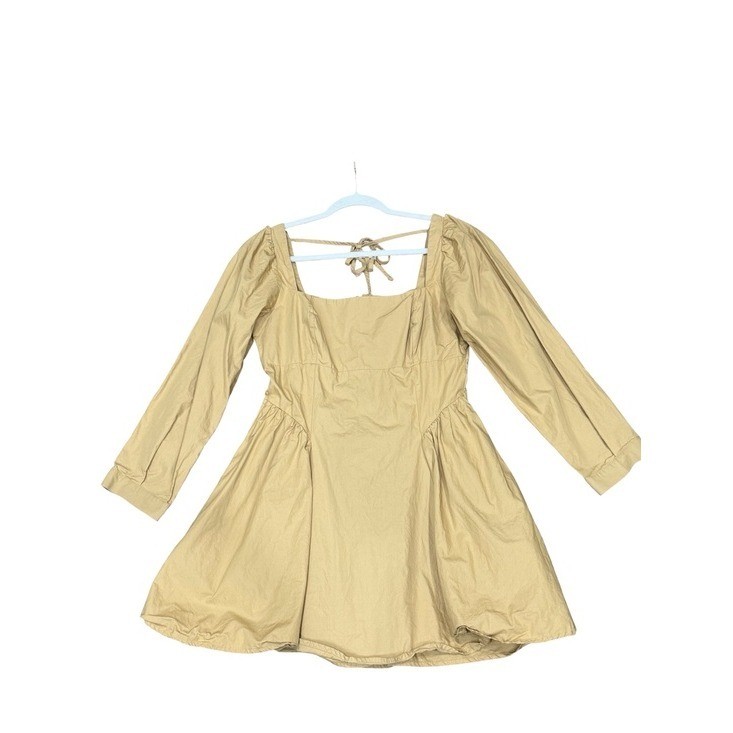 🌟 By Anthropologie Square-Neck Poplin Mini Dress Beige Long Sleeve Size Medium