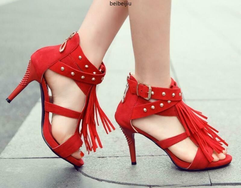 Tassels Rivet Gladiator Women’s Sandals Buckle Shoes Strap High Heel Roma Hot
