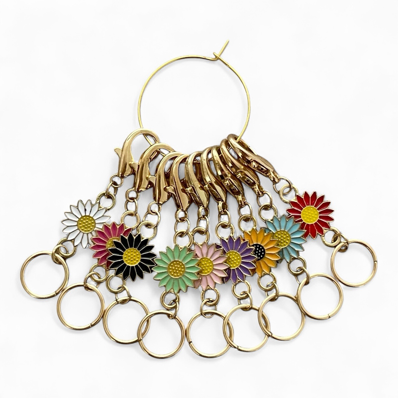 10 Daisy Flower Stitch Markers Purse Charms Zipper Pulls Lobster Clasp Gold