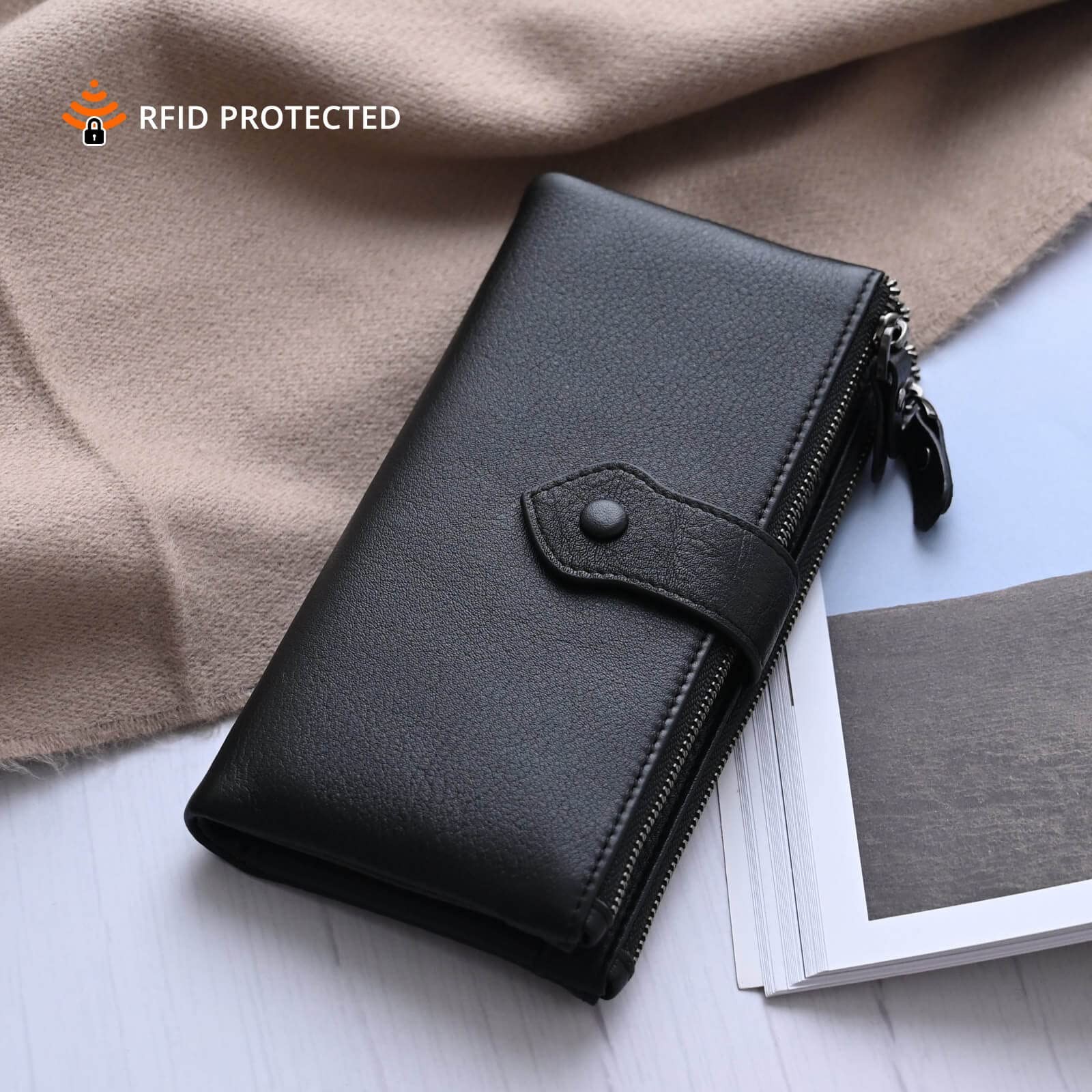 Bveyzi Women Soft Leather RFID Blocking 7.48″L x 3.54″W x 0.86″H, Black