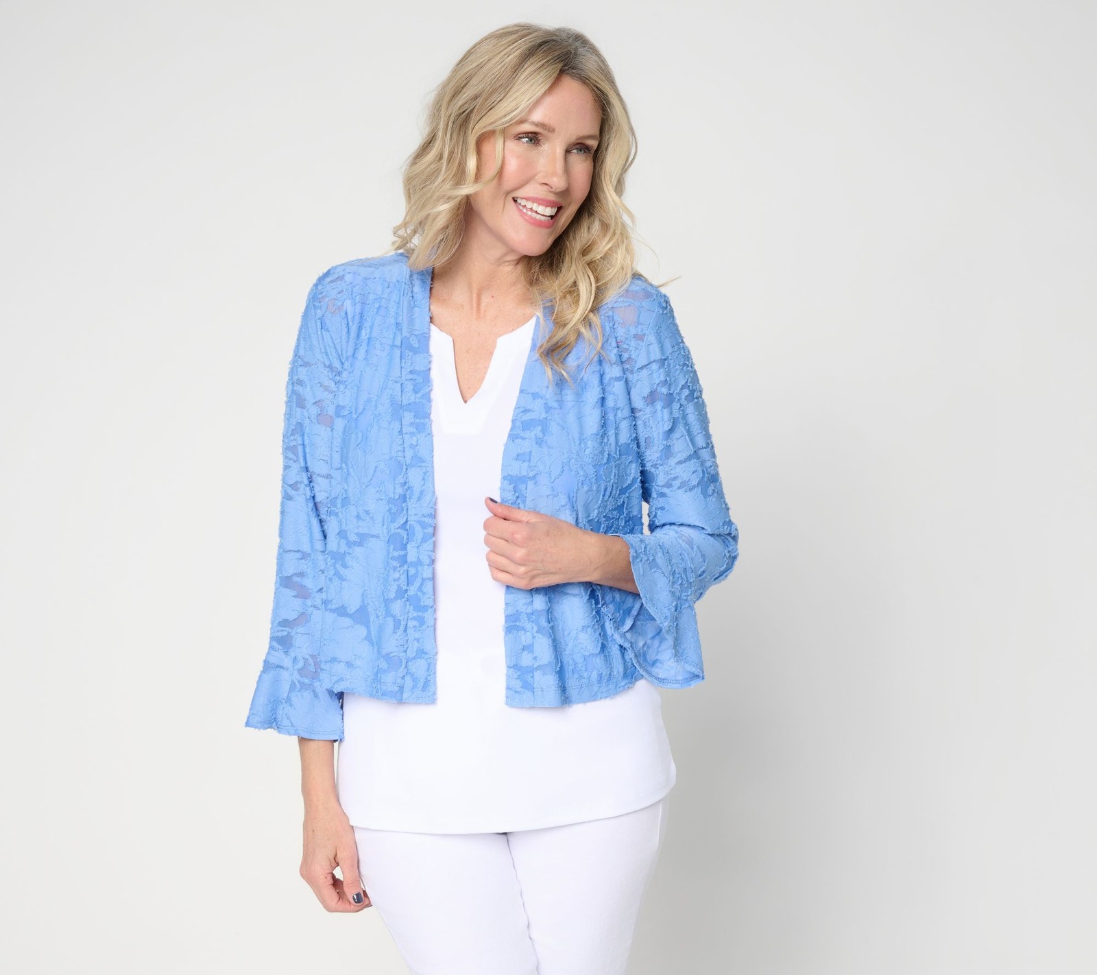 Susan Graver Burnout Knit Shrug with Bell Sleeve Cuff Sunkissed Blue M New