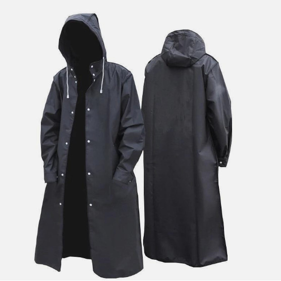 Men Black Waterproof Long Raincoat Hooded Trench Jacket Outdoor Hiking Rain Coat