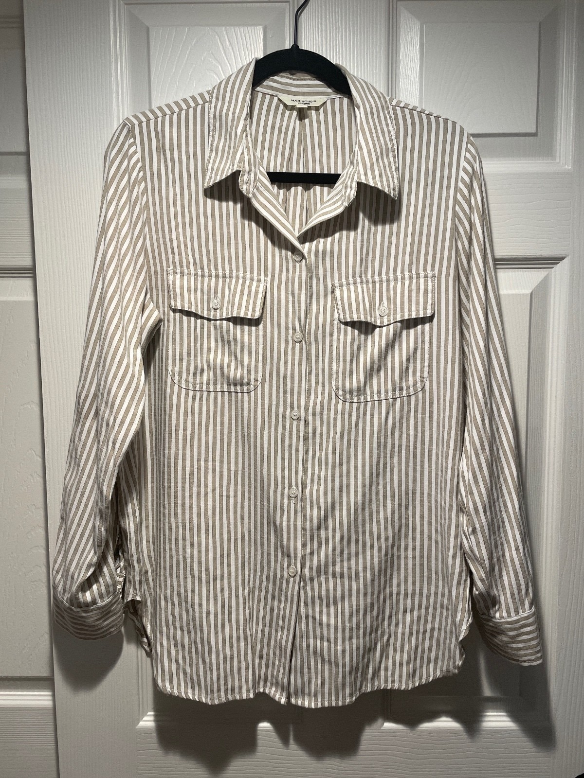 Max Studio London Striped Button Front Roll Tab Sleeve Blouse Women’s M