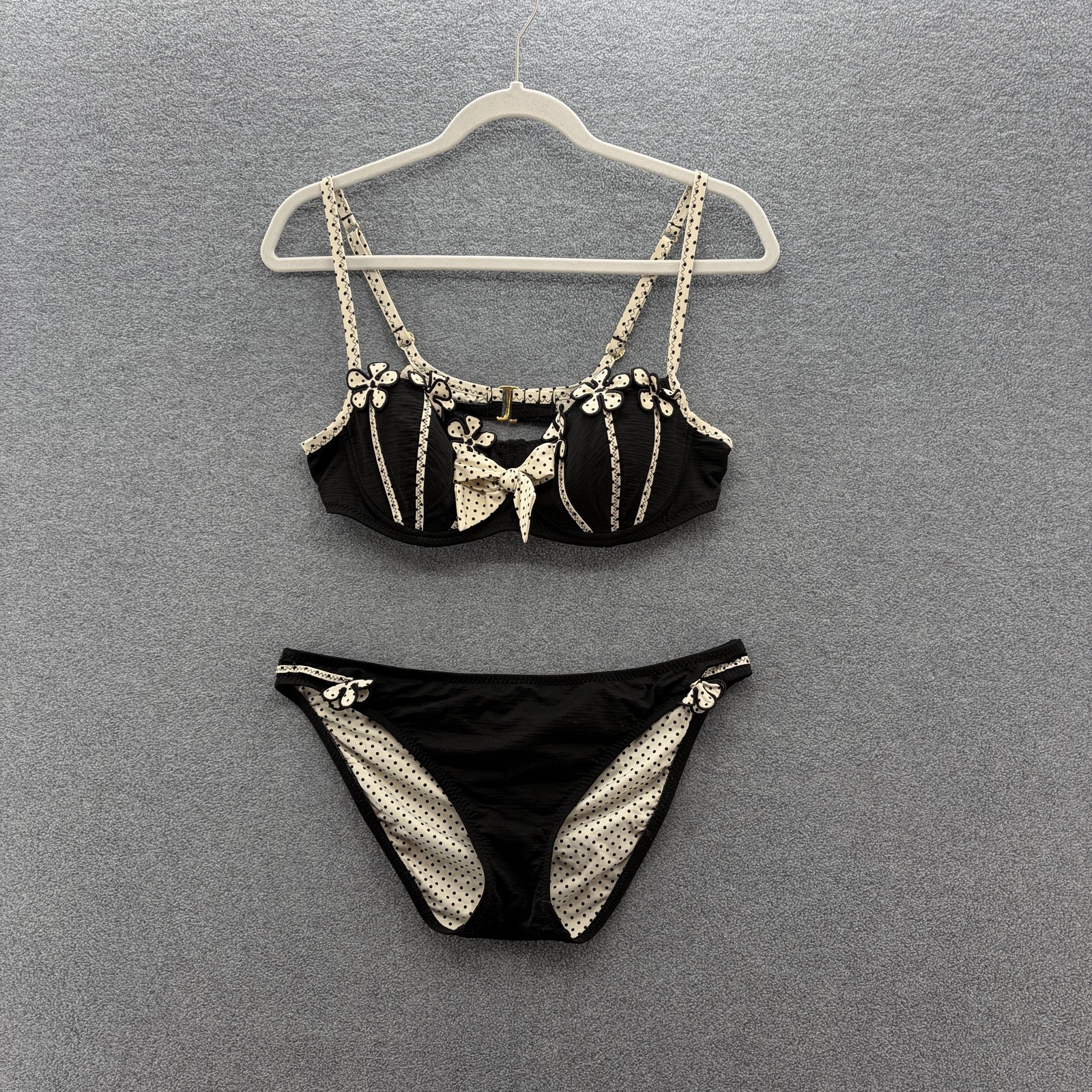 VTG 90s Y2K Betsey Johnson Bikini Women Large Black Polka Dot Pinwheel Retro