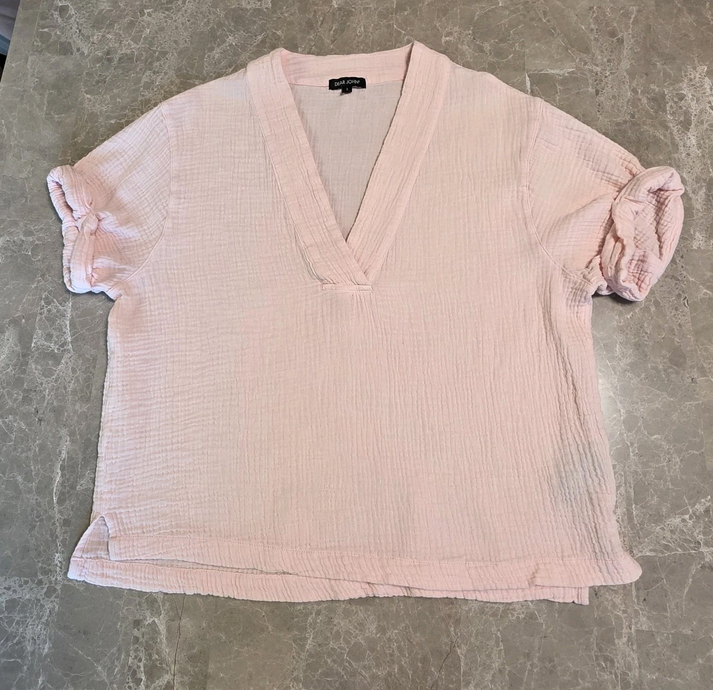 Dear John Jailee Gauze Top S Fondant Pink Textured Cotton V-Neck Rolled Sleeve