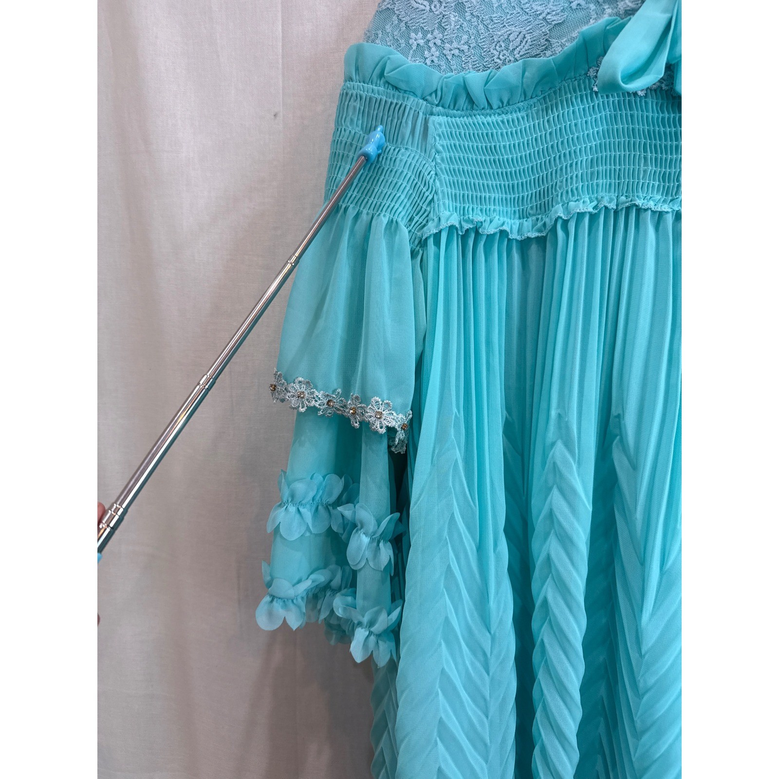 KID CO Aqua Blue Lace Trim Pleated Tunic Dress Teen 16/ Small Adult Rhinestone