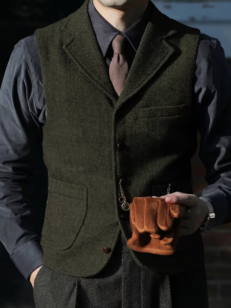 Men’s Wool Blend Herringbone Vest Notch Lapel Western Vintage Formal XL XXL 3XL