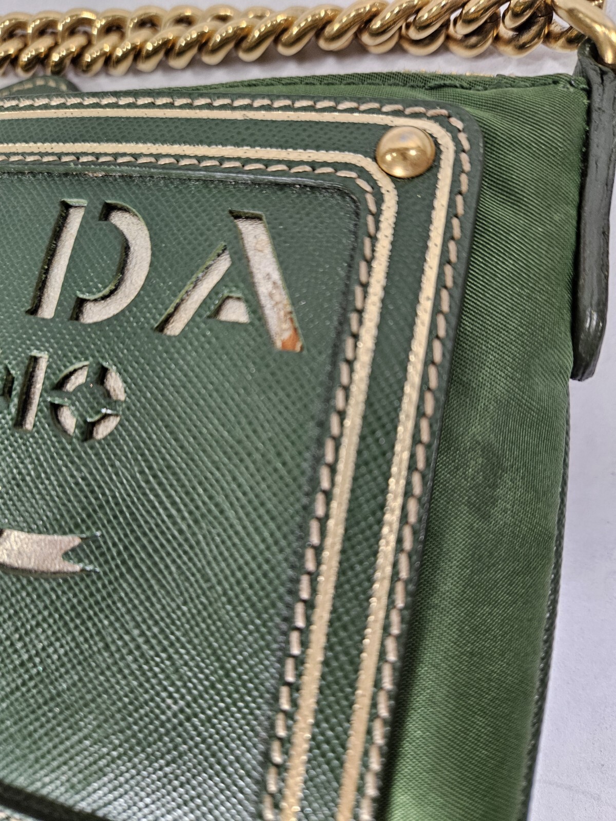 Prada Crossbody Tessuto Saffino Mini Chain Crossbody Green Gold Cut Out Logo