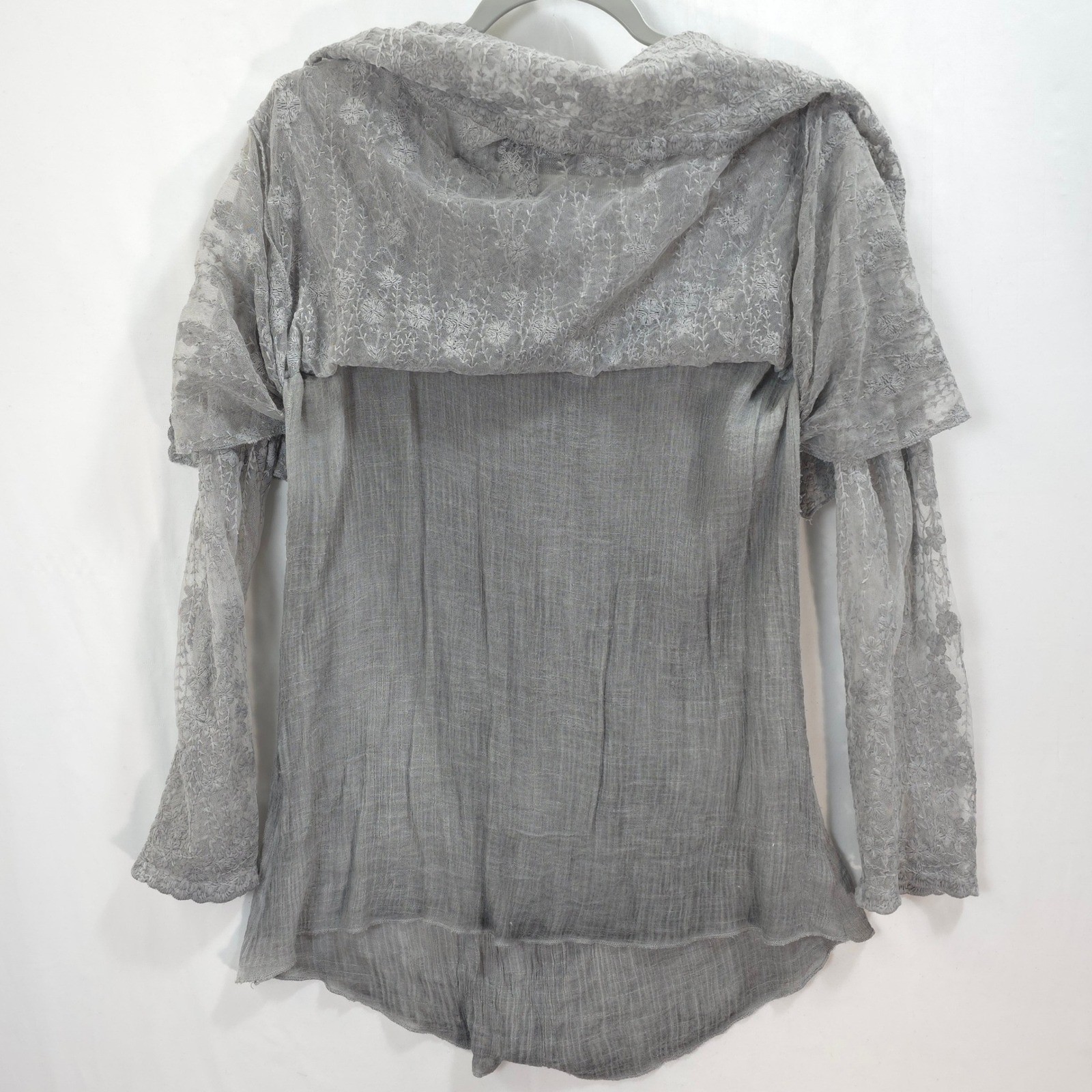 Gray Embroidered Lace Blouse Layered L Roll Tab Sleeve Boho Romantic Cottagecore