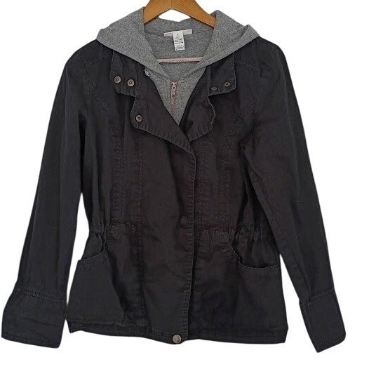 Style & Co 98% Cotton Utility Jacket Black Hooded Drawstring Effortless S