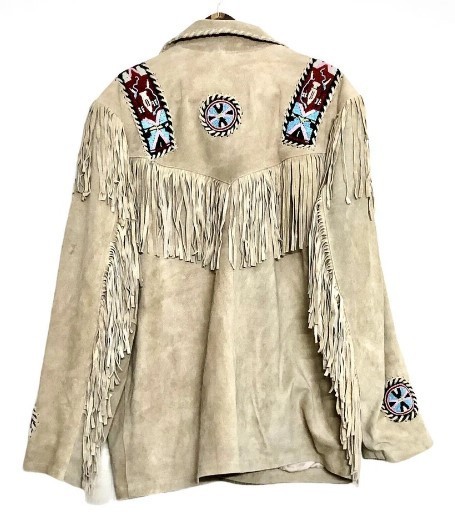 Men Western Cowboy Suede Fringe Jacket Beaded Native American Leather Jacket