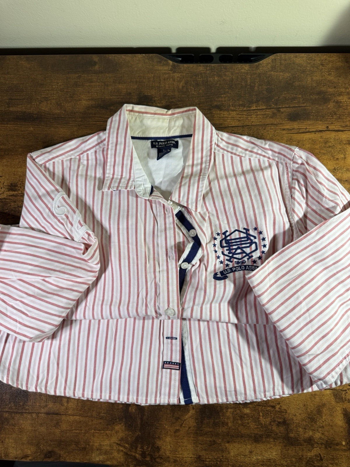 US Polo Assn Unisex Striped Button Down Shirt Red White Logo Size L Long Sleeve