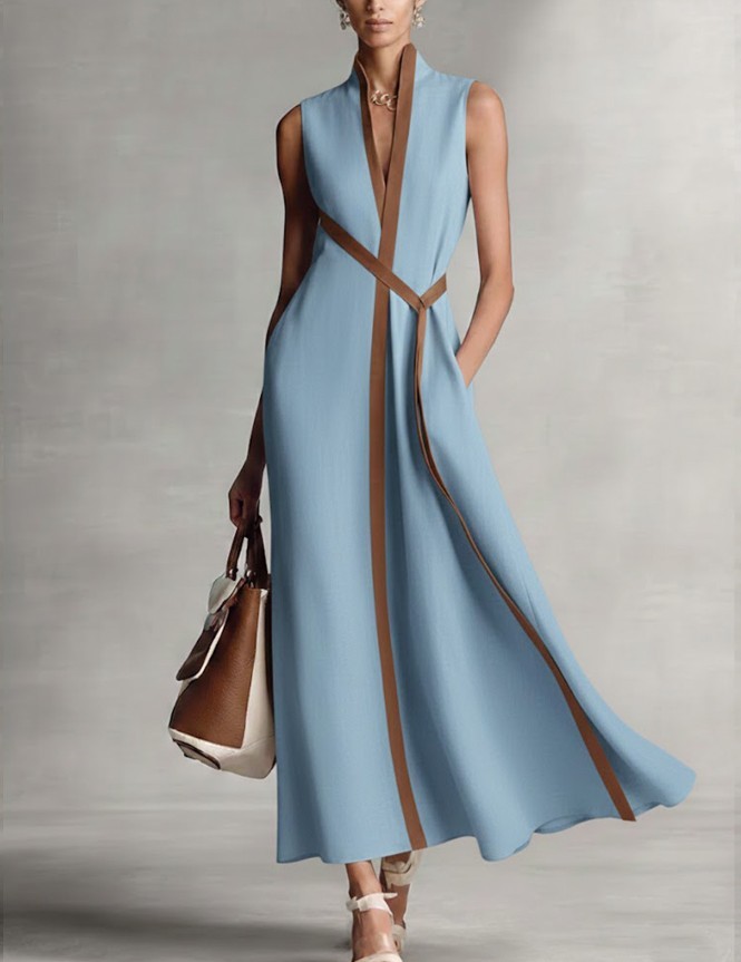Women’s Casual Sleeveless V-Neck Maxi Dress with Contrast Color and Belt