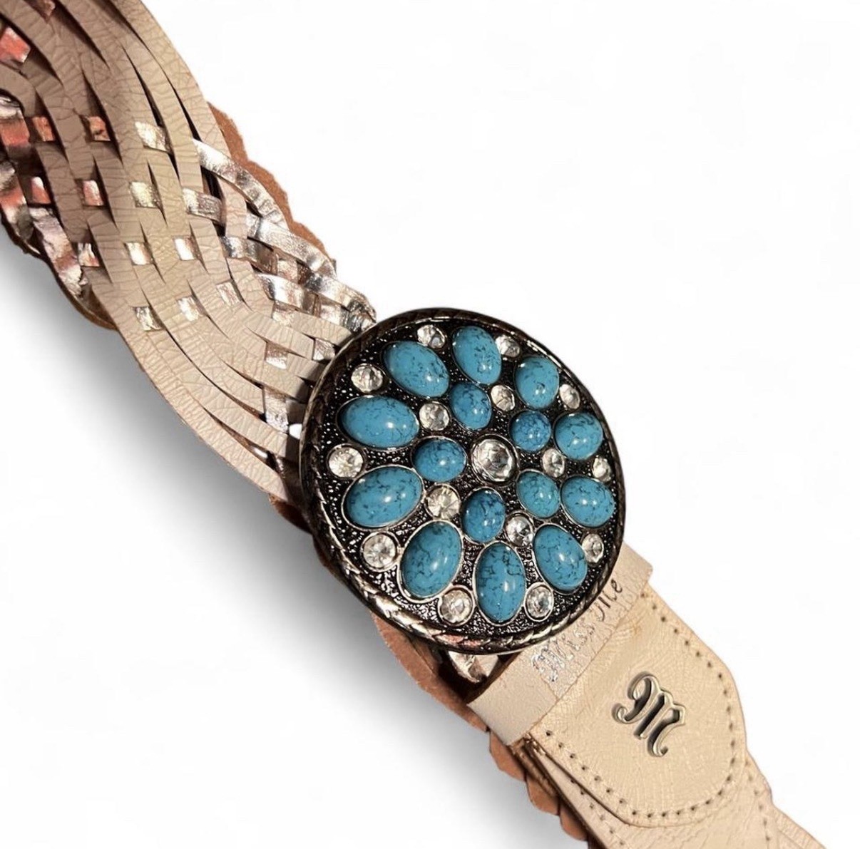 Women’s Tan Braided Belt Western Turquoise Rhinestone Concho Buckle M