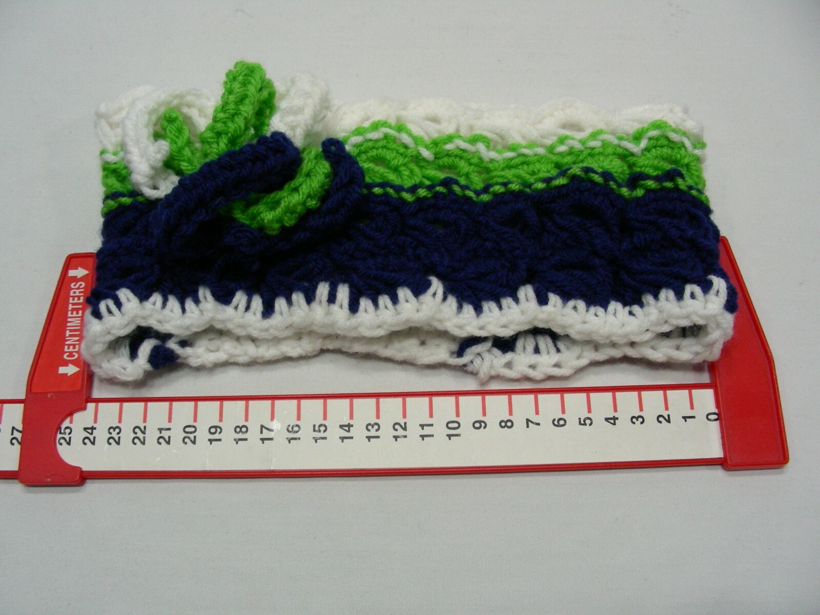BLUE GREEN & WHITE – HAND KNITTED – ACRYLIC – ONE SIZE HEADBAND!