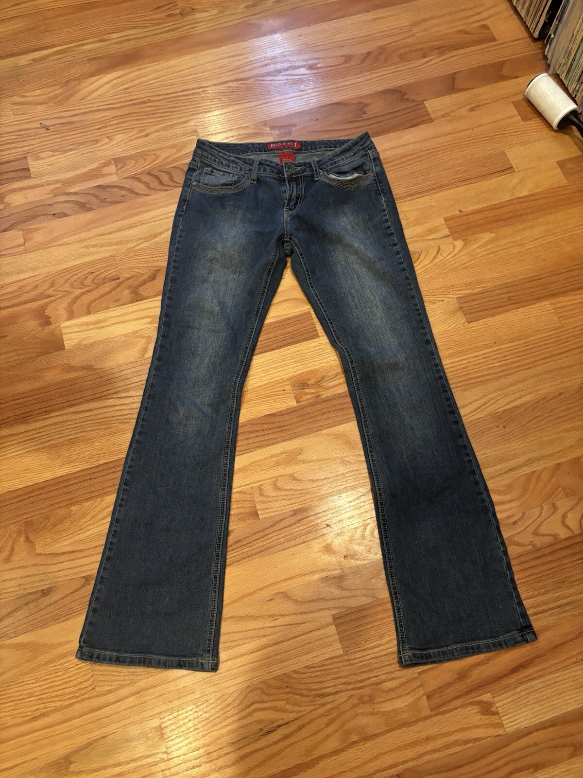 Rare red rivet bedazzled flare jeans 26inch waist, 38inch