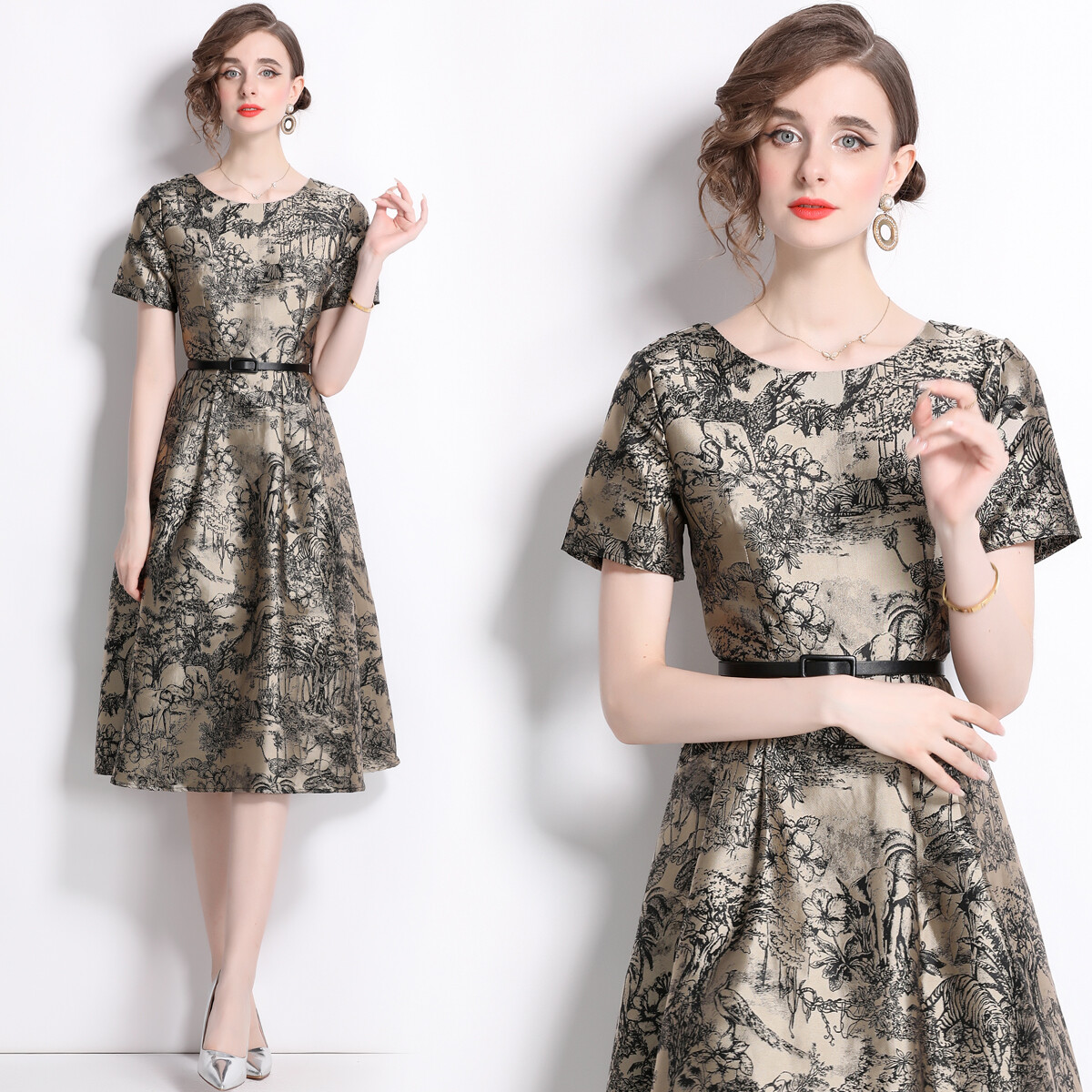 Summer Vintage Floral Jacquard Boat Neck Short Sleeve Women Casual Midi Dresses