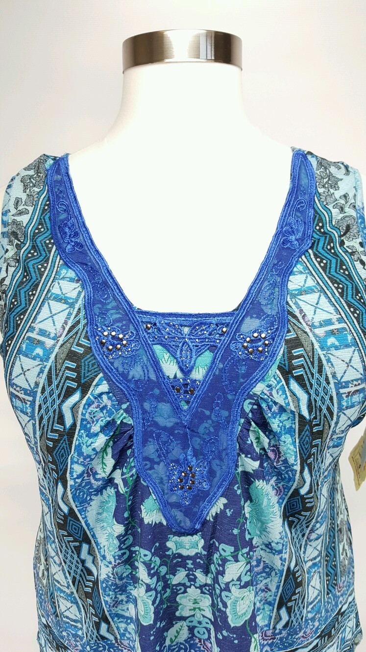 ONE WORLD WOMEN’S BLUE BLACK EMBELLISHED W/ LACE TRENDY TOP PLUS Sz 1X