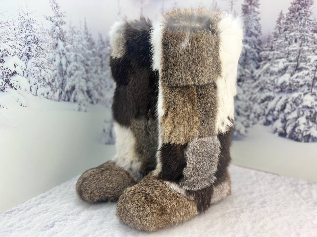 Rabbit winter fur boots for women, Patchwork genuine cozy fur snow boots