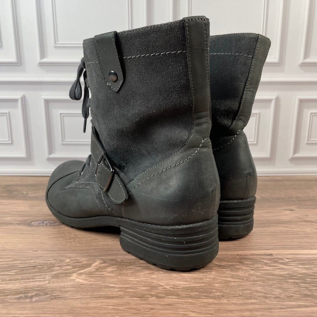 ABEO Verity Leather Combat/Moto Boots Lace Up Buckle Accent EUC Gray Size 9.5N