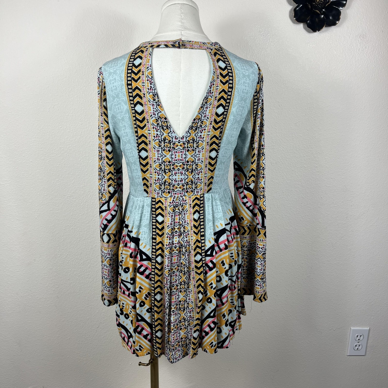 Free People Dress Womens 2 Multicolor Geometric Tegan Border Print Mini Boho