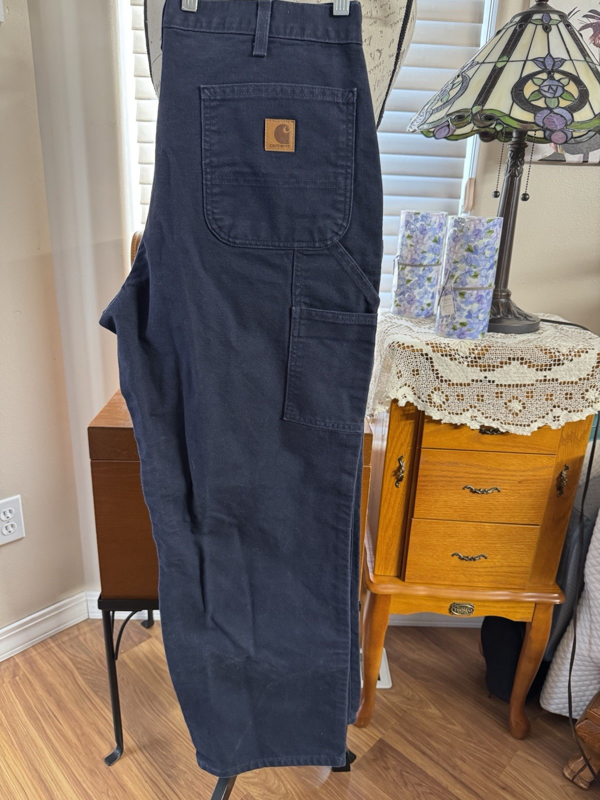 CARHARTT MENS 36X30 NAVY COTTON DENIM CARPENTER PANTS, FLAT FRONT, SLANT POCKETS