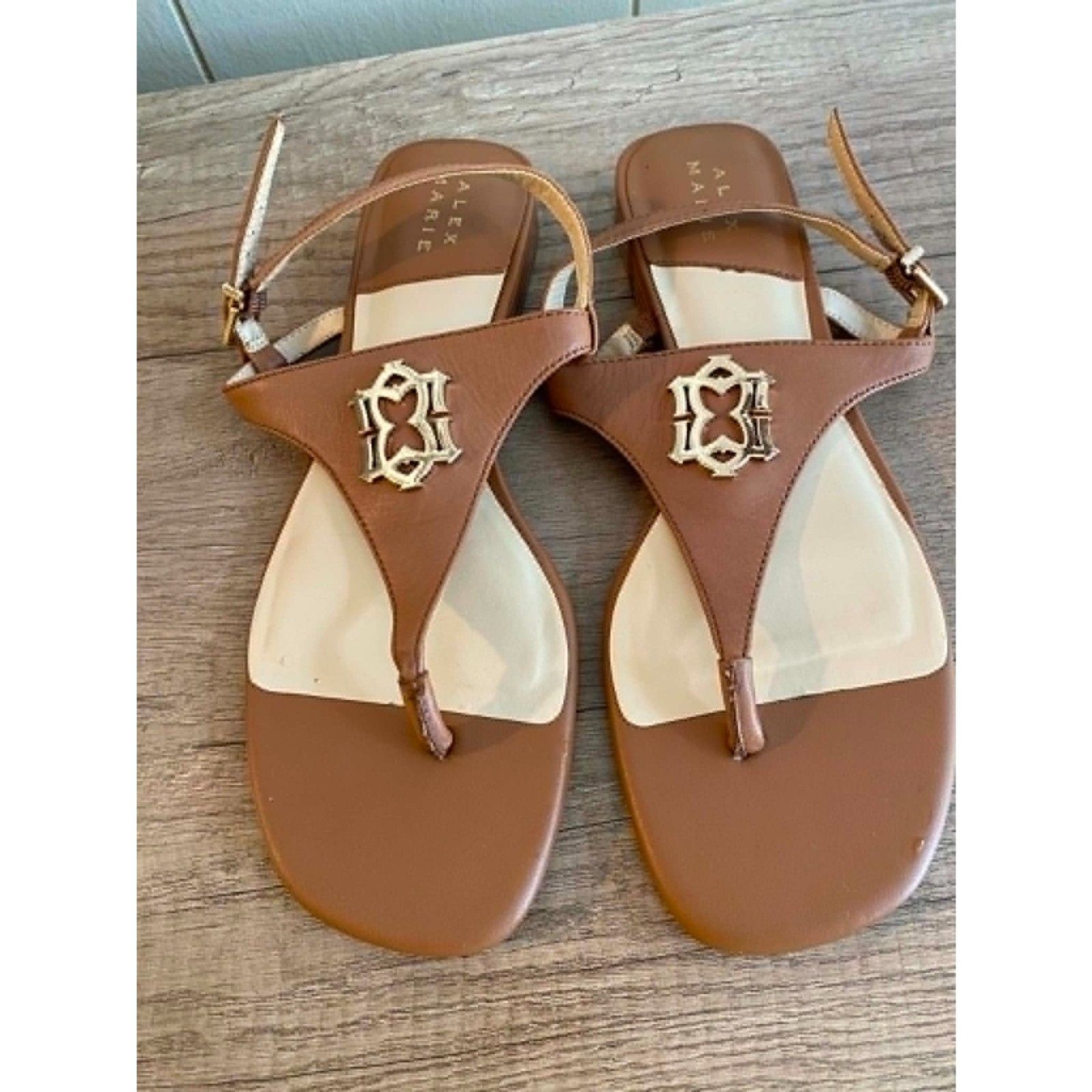 Alex Marie Women’s Leather T-Strap Slingback Sandals Brown & Cream Size 8M