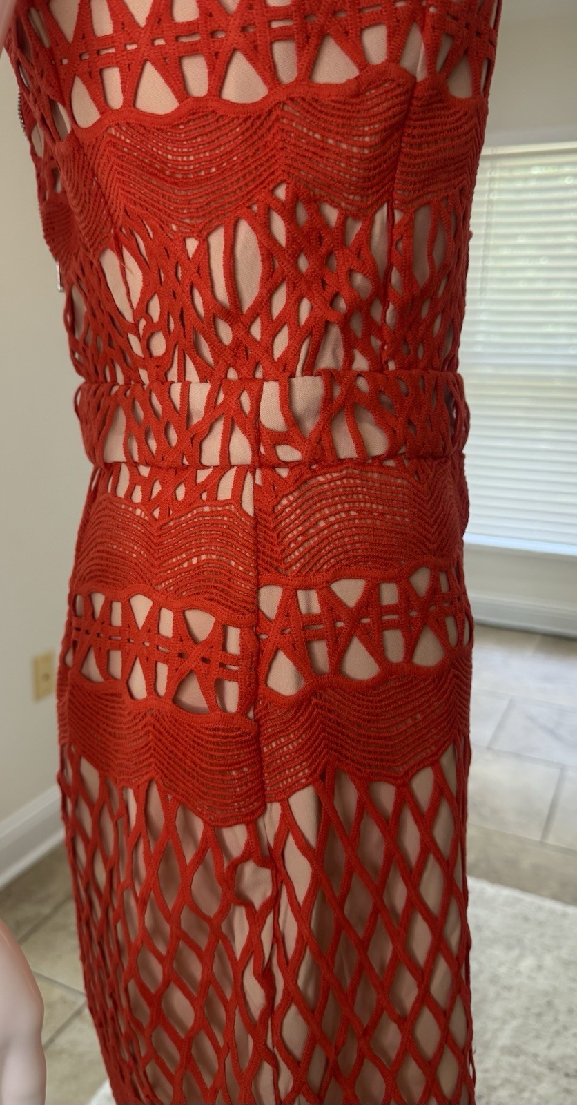 Endless Rose Women’s Guipure Lace Bodycon Dress in Orangish-Red/ Chili Size M