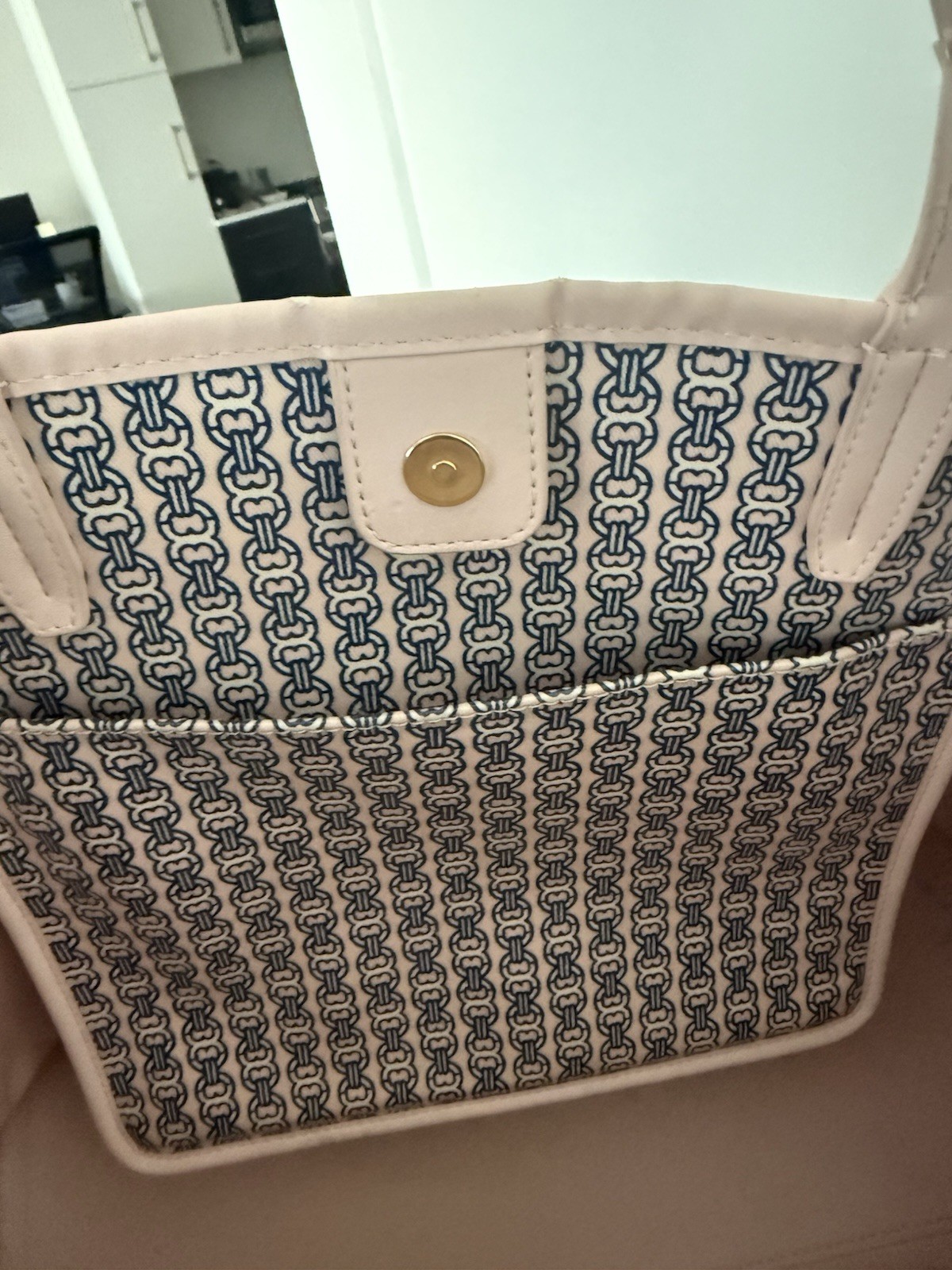 Tory Burch Gemini Link Canvas Tote Blush Pink Navy Gold Hardware Shoulder Bag