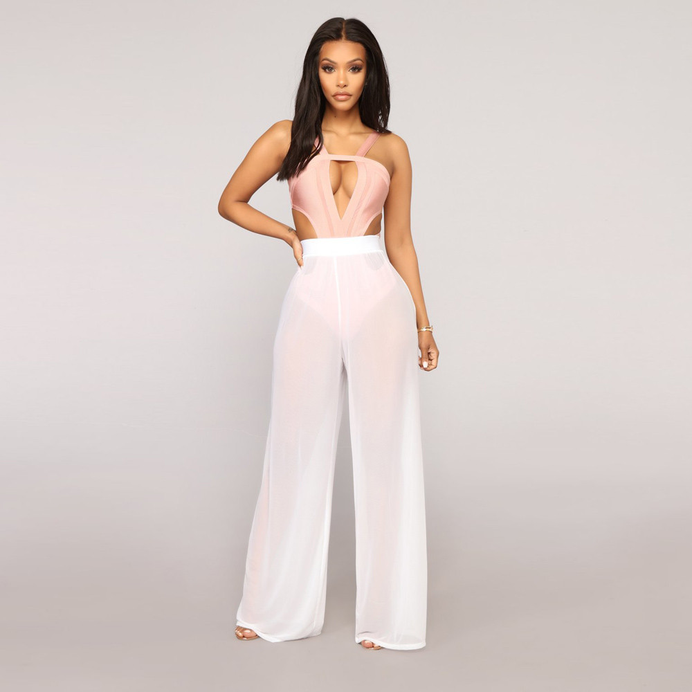 Female Sexy Solid Color Gauze Mesh See-through Loose Pants Long Trousers