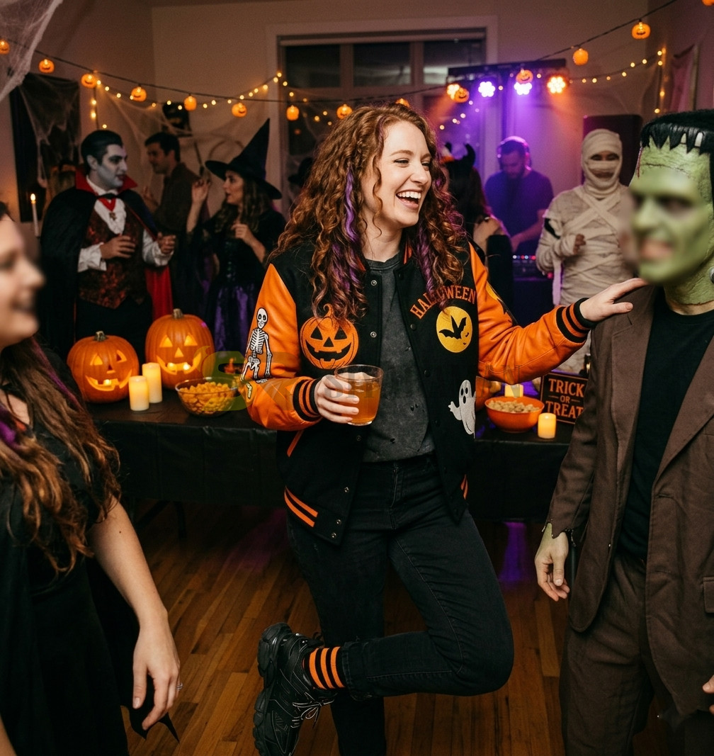 Halloween Varsity Jacket Mens Womens Wool Letterman Genuine Leather Sleeves