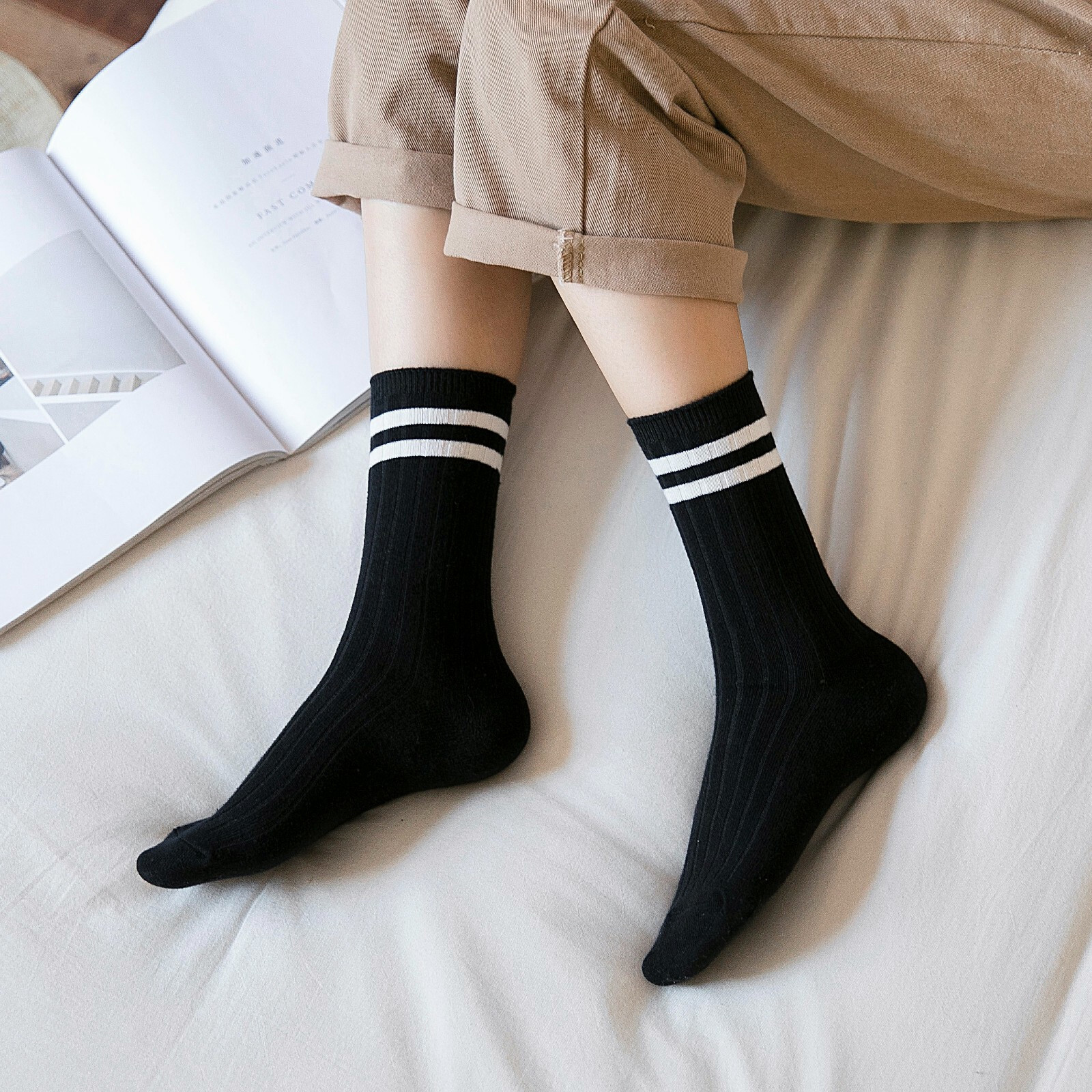 Women Men Cotton Athletic Sports Crew Socks Striped Over Ankle Casual Classic