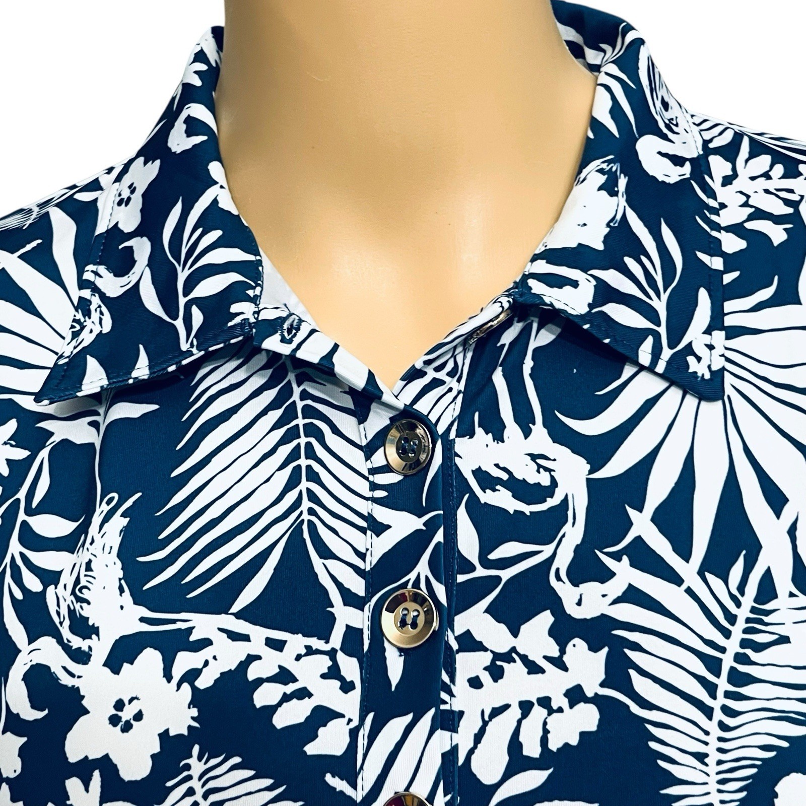 Ana Clare Dress UPF 50+ Tropical Floral Print Gold/Button 3/4 Bell Sleeve Sz S