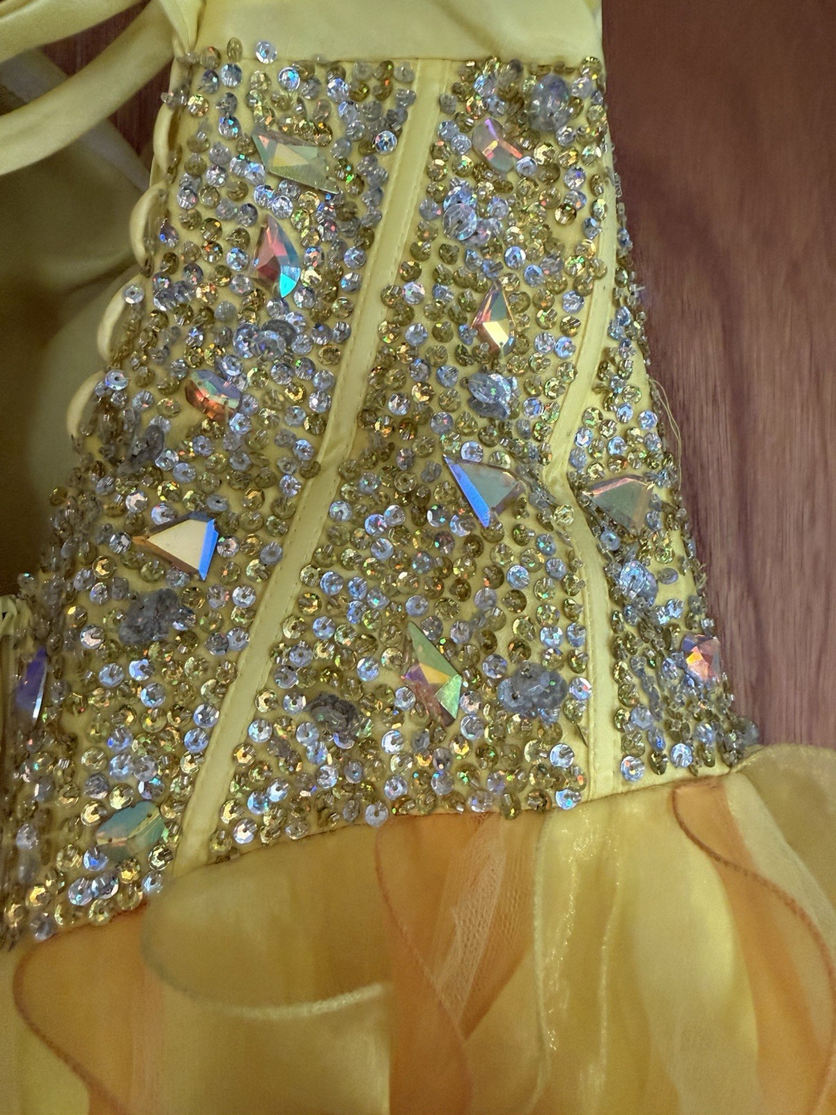 Alyce Paris Yellow Strapless Beaded Sequin Organza Corset Ballgown 14
