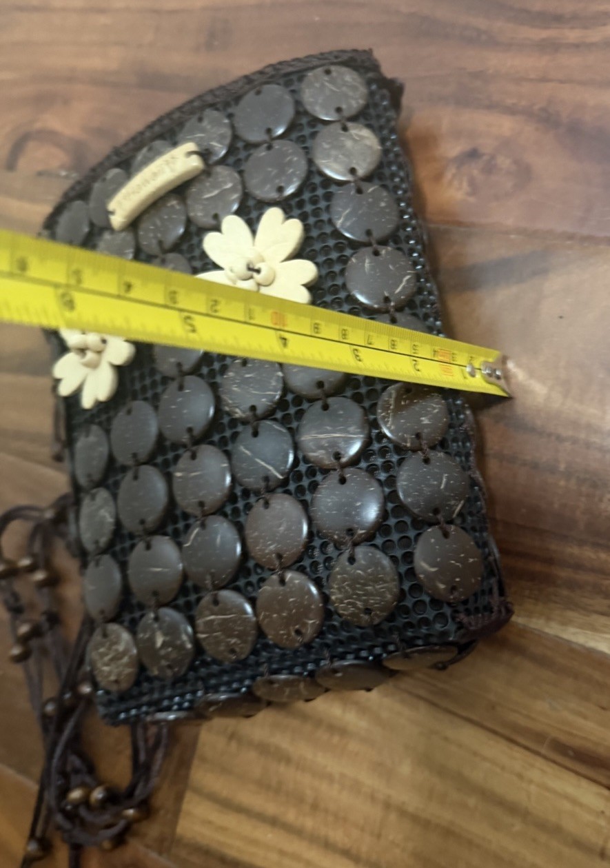 Hawaii Coconut Shell Crossbody Purse Brown Floral Handcrafted Island Boho Bag