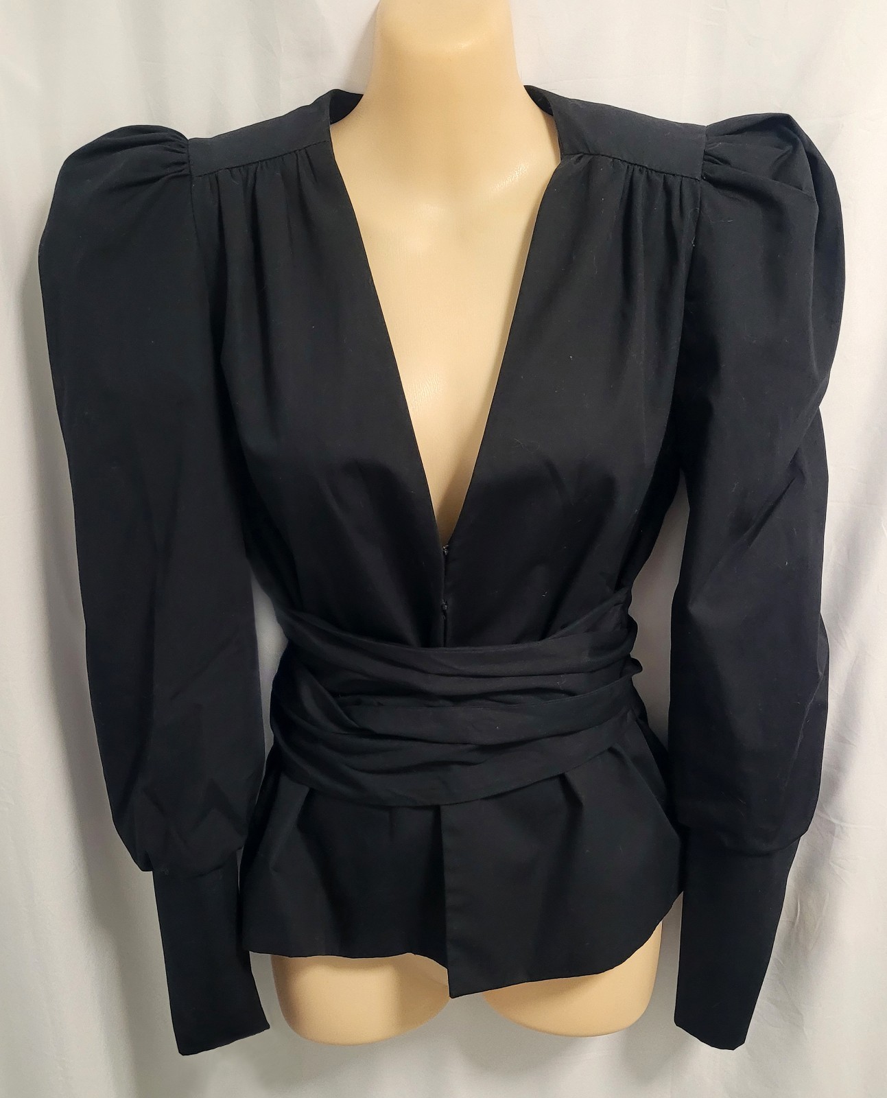 Zara Women Black Poplin Blouse Long Puff Sleeve Bow Waist Detail Size EUR XS New