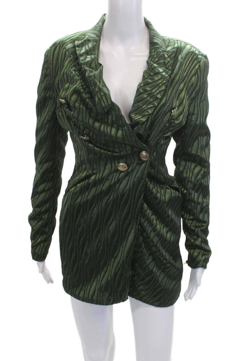 Retrofete Women Striped Green Blazer Romper V-Neck Button Long Sleeve Size M