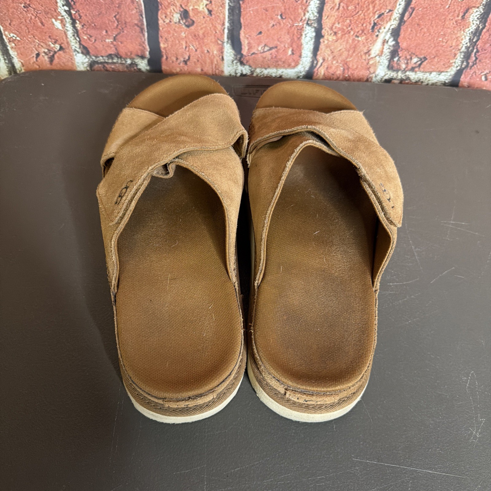 Ugg Goldstar Cross Slide Sandals Platform Suede Leather Women Sz 11 Brown