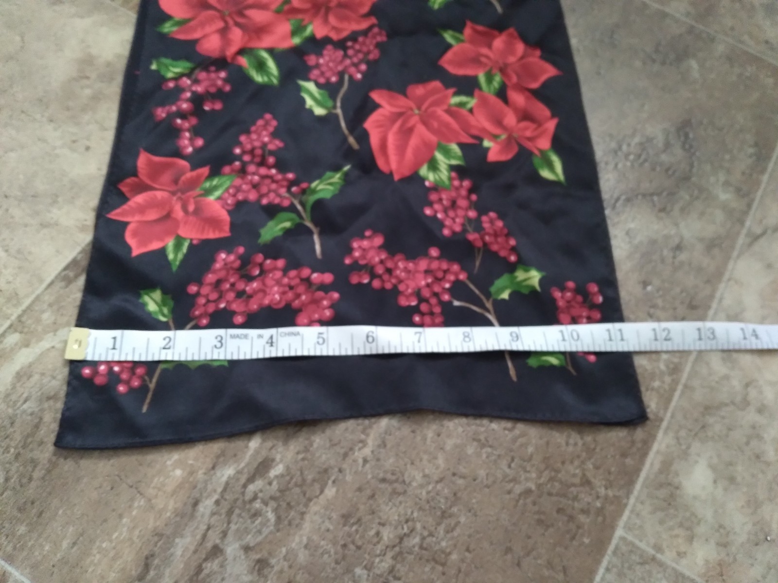 Vintage Floral Print Scarf Poinsettias Holly Berry Black Red 11 x 52
