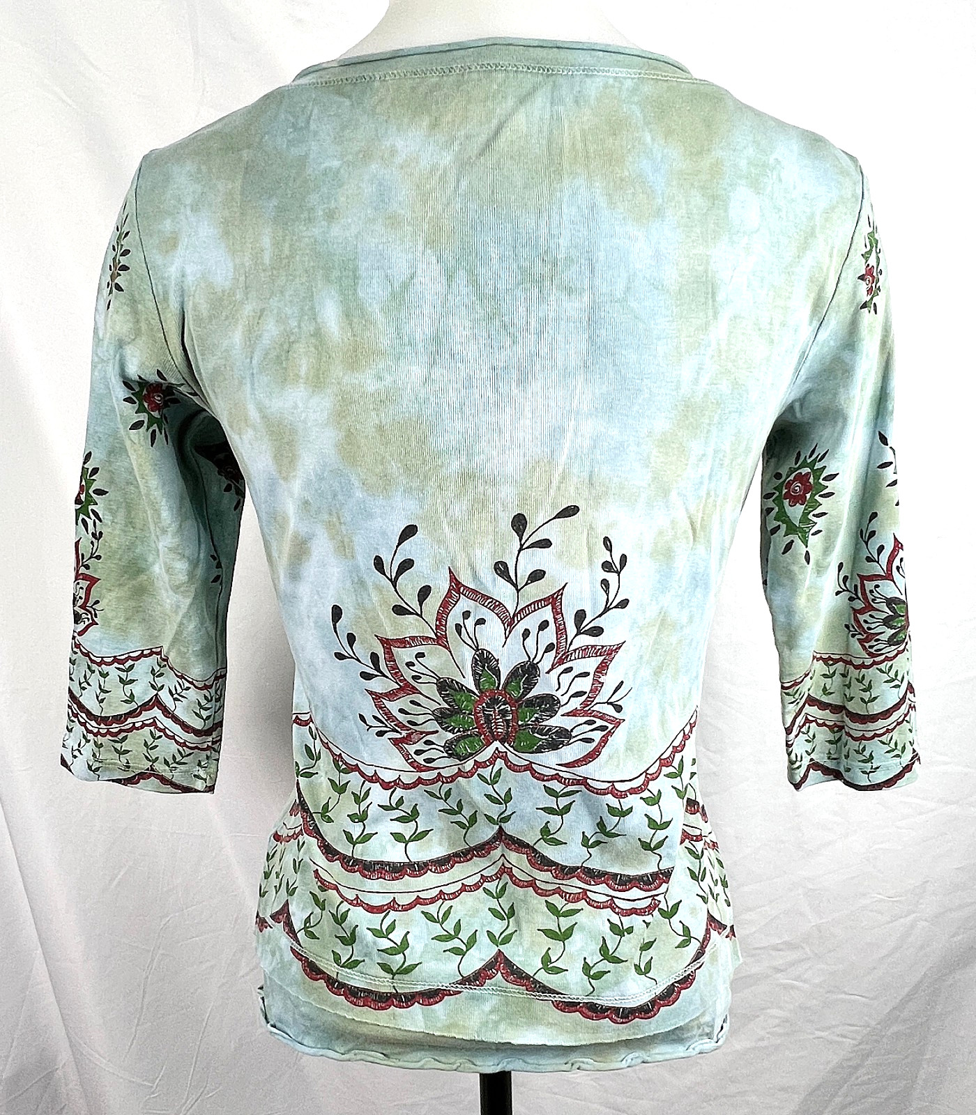 Glima Blue & Green Tie Dye Boho Paisley 3/4 Sleeve T-Shirt S Made in USA