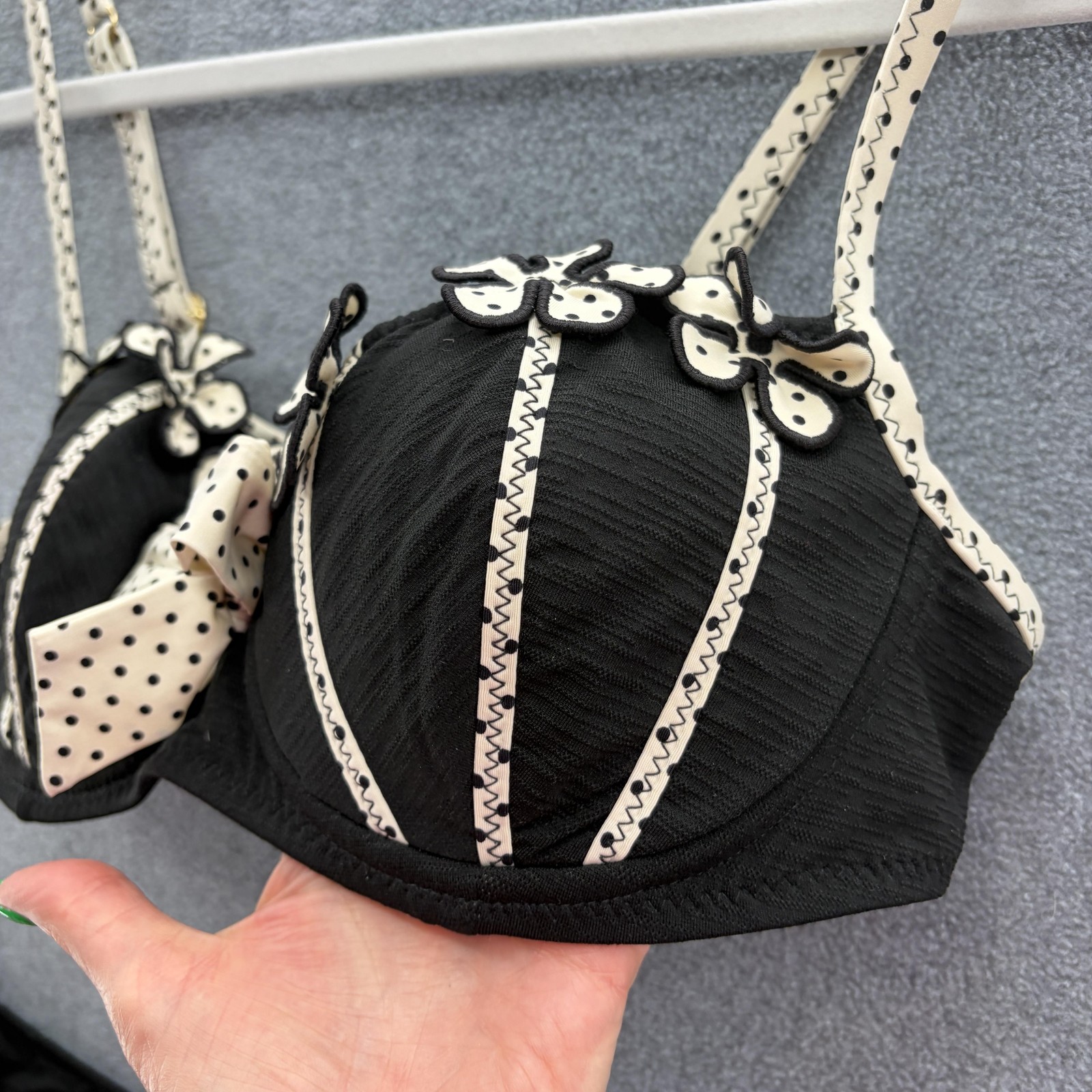 VTG 90s Y2K Betsey Johnson Bikini Women Large Black Polka Dot Pinwheel Retro