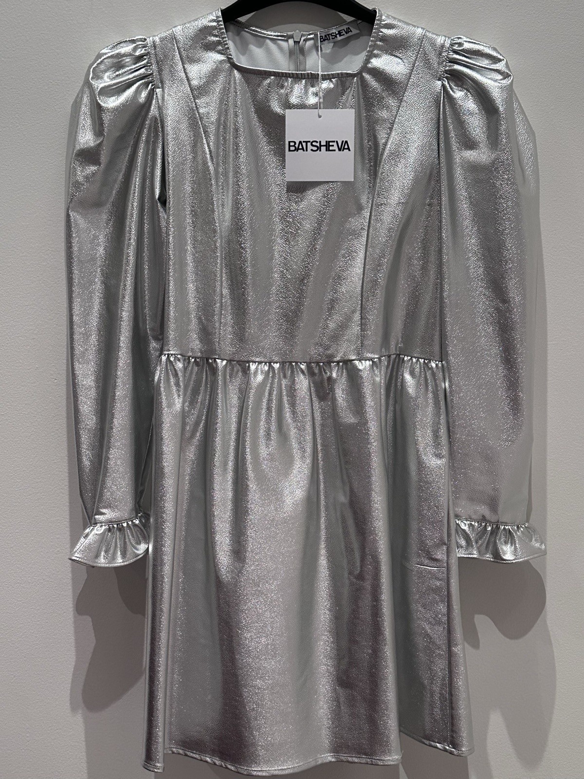 BATSHEVA Silver PVC Prairie Square Neck Ruffle Cocktail Party Mini Dress New 6
