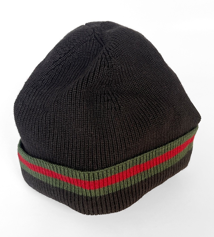 Gucci Wool Beanie Hat – Black with Green & Red Striped Band – Unisex