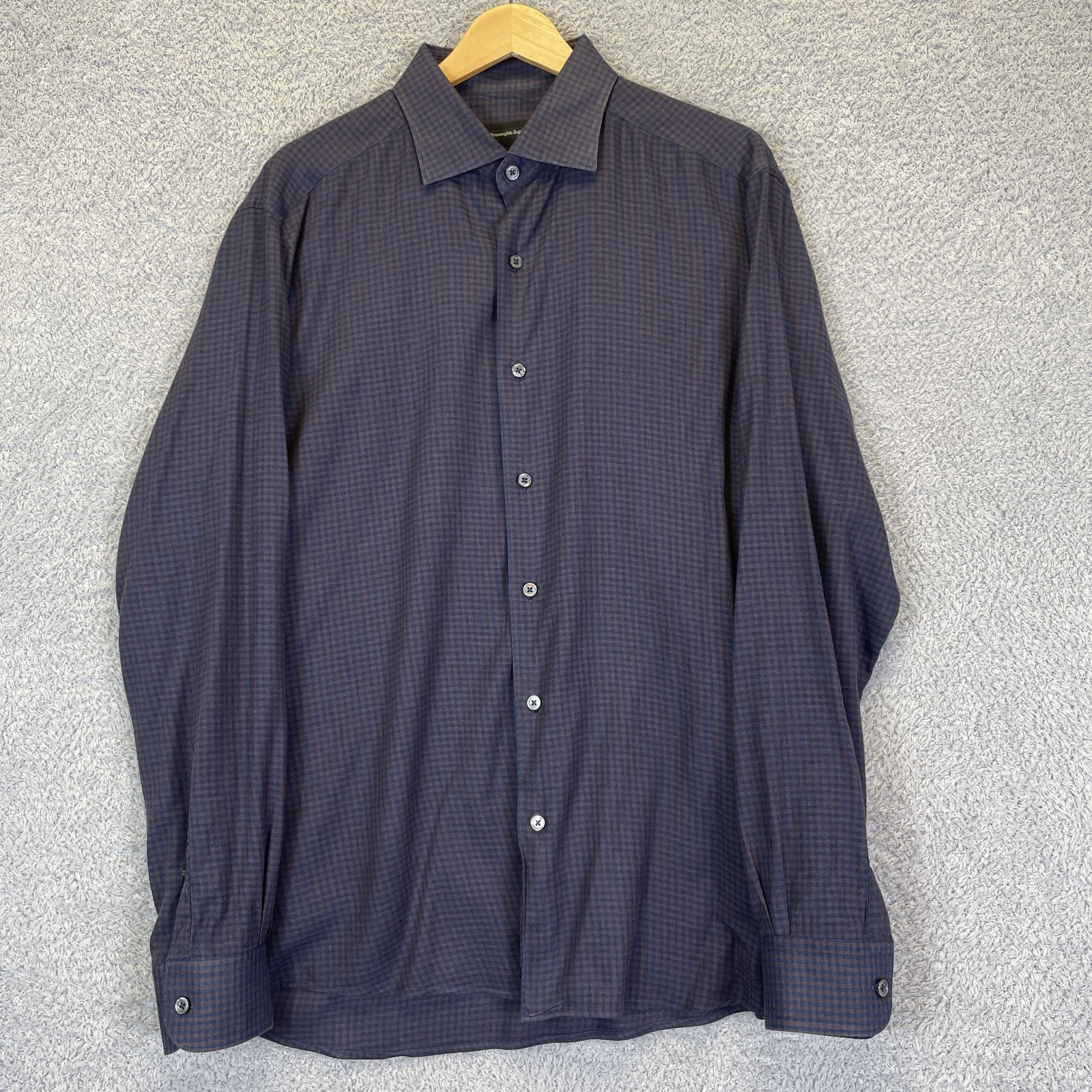 Zegna Cashco Button Up Shirt Men’s Large Brown Navy Check Cashmere Blend