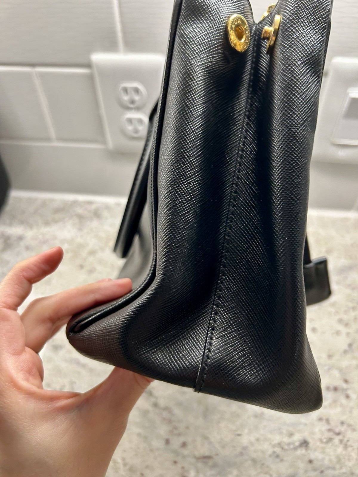PRADA Black Galleria Saffiano Leather Top Handle Bag w/ Adjustable Strap, Gold