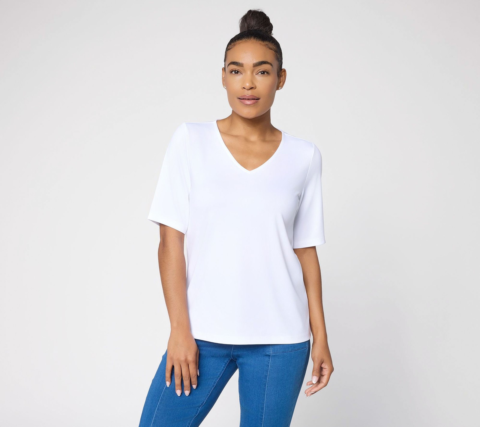 Susan Graver Essentials Butterknit V-Neck Top with Elbow Sleeves White M New